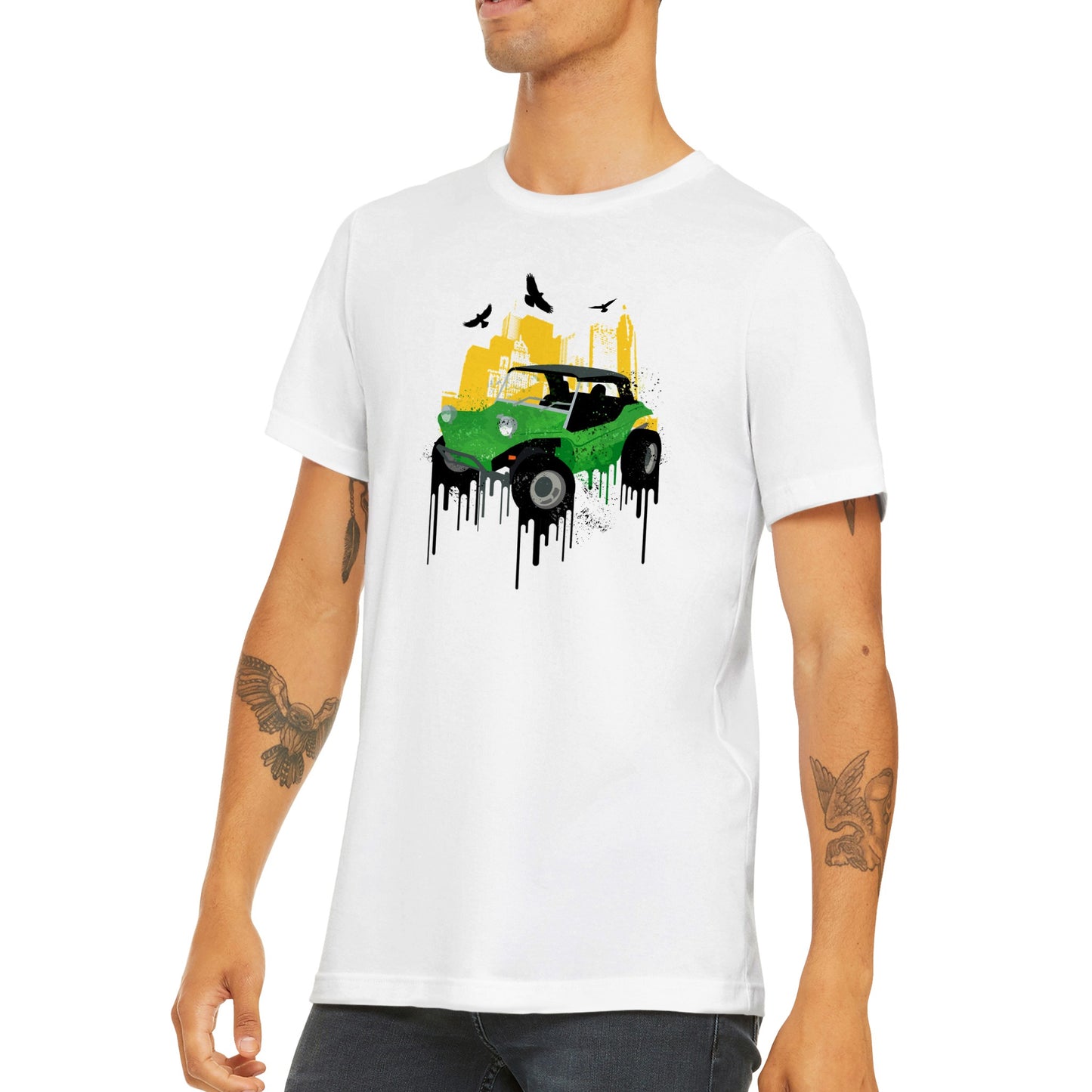 Premium Unisex Crewneck T-shirt - Dune Buggy with City Background and Birds. Graphic Paint.