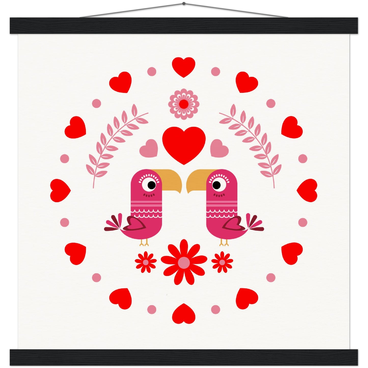 Museum-Quality Matte Paper Poster & Hanger - Birds Mirrored with Floral-Botanical and Circling Hearts - Valentine