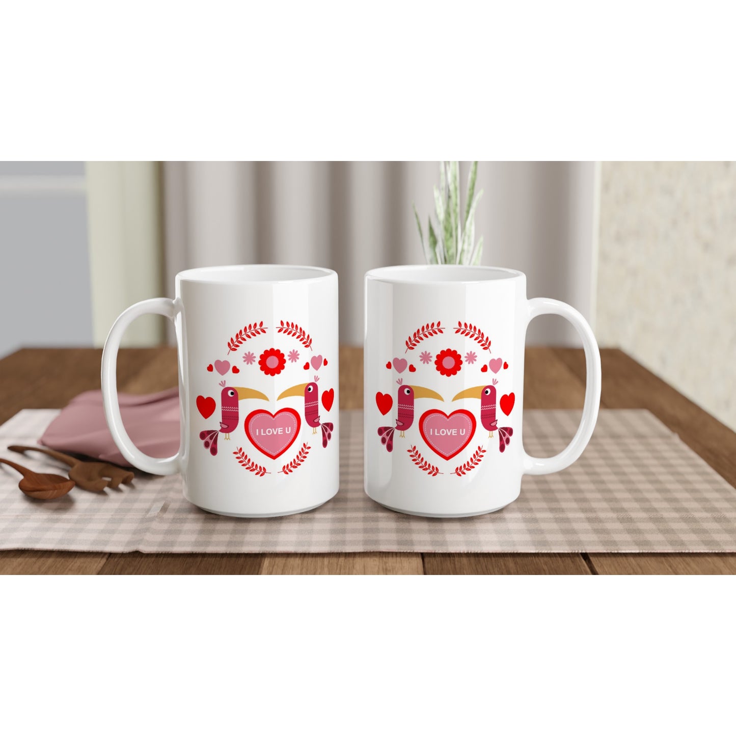 White 15oz Ceramic Mug - Birds Mirrored with Floral-Botanical and Hearts - Valentine