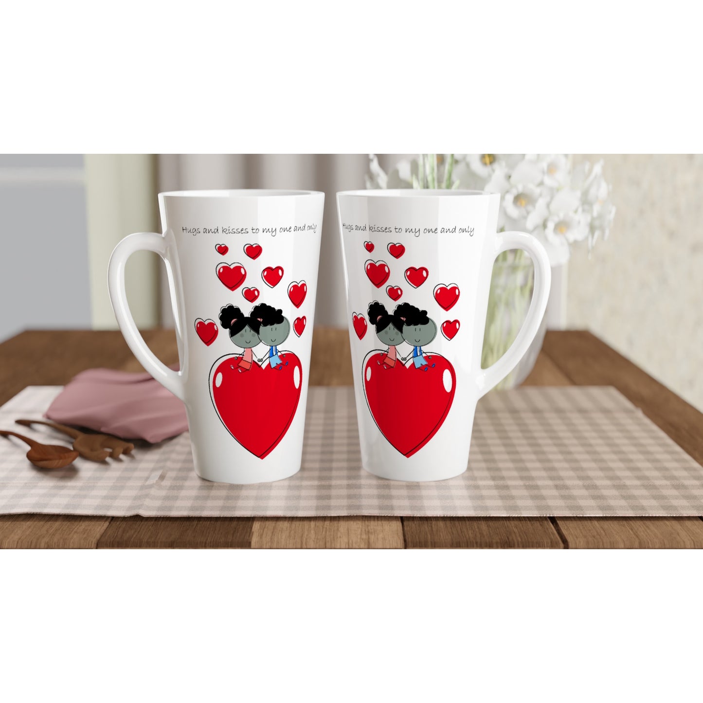 White Latte 17oz Ceramic Mug - Couple sitting and Holding Hands on a Heart - Valentine