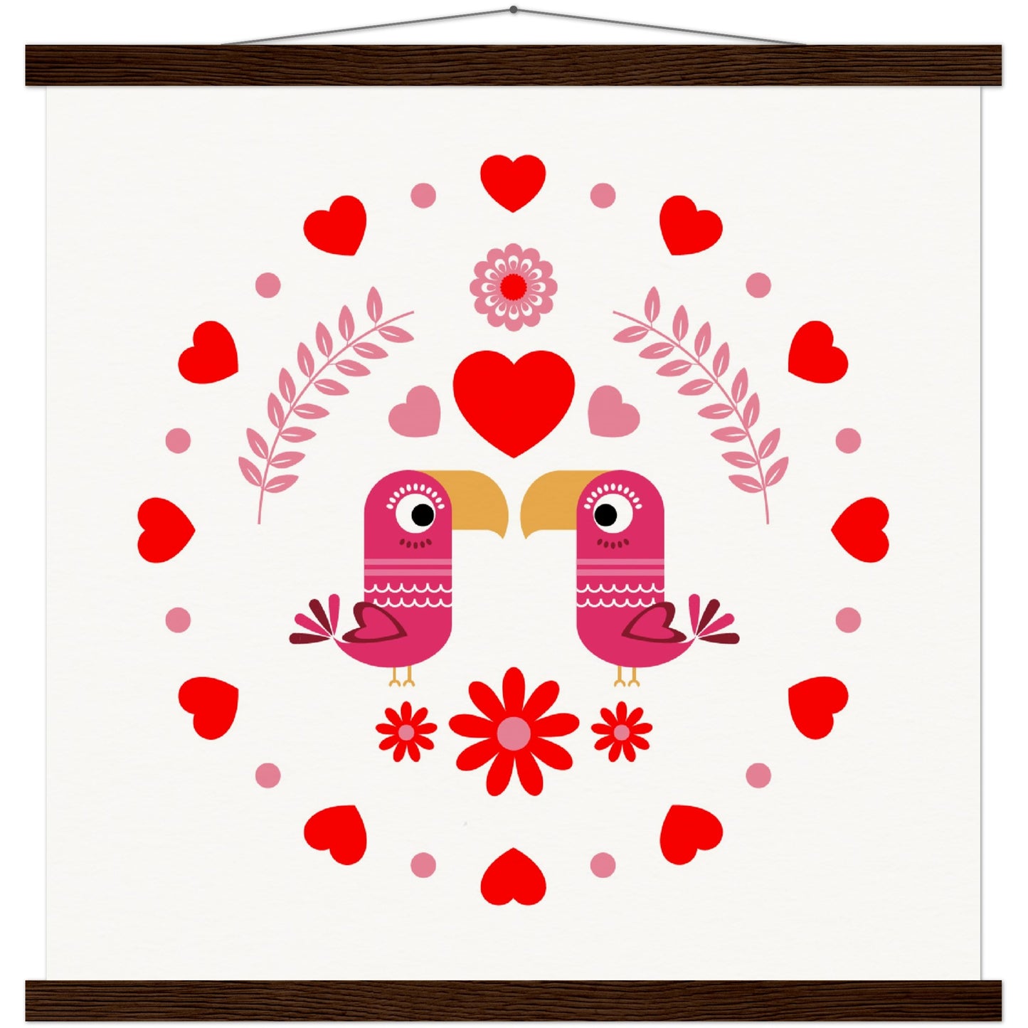 Museum-Quality Matte Paper Poster & Hanger - Birds Mirrored with Floral-Botanical and Circling Hearts - Valentine