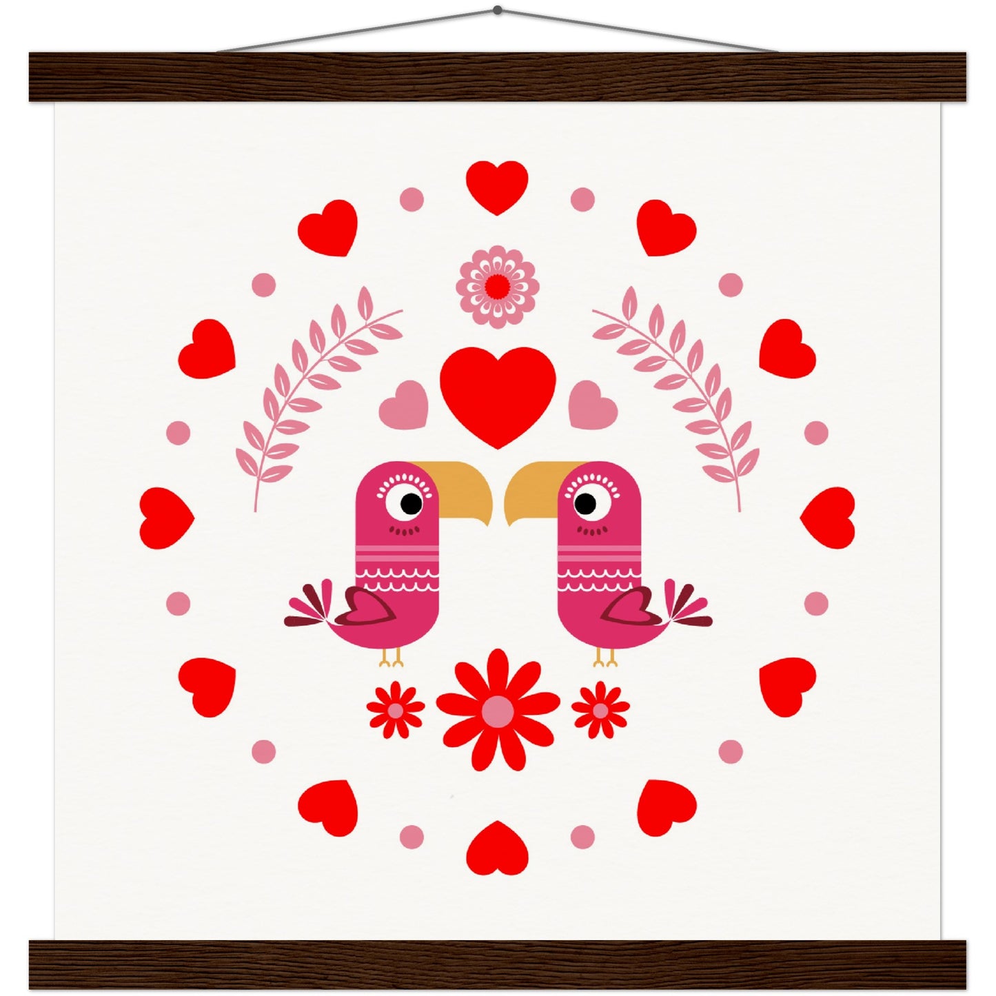 Museum-Quality Matte Paper Poster & Hanger - Birds Mirrored with Floral-Botanical and Circling Hearts - Valentine