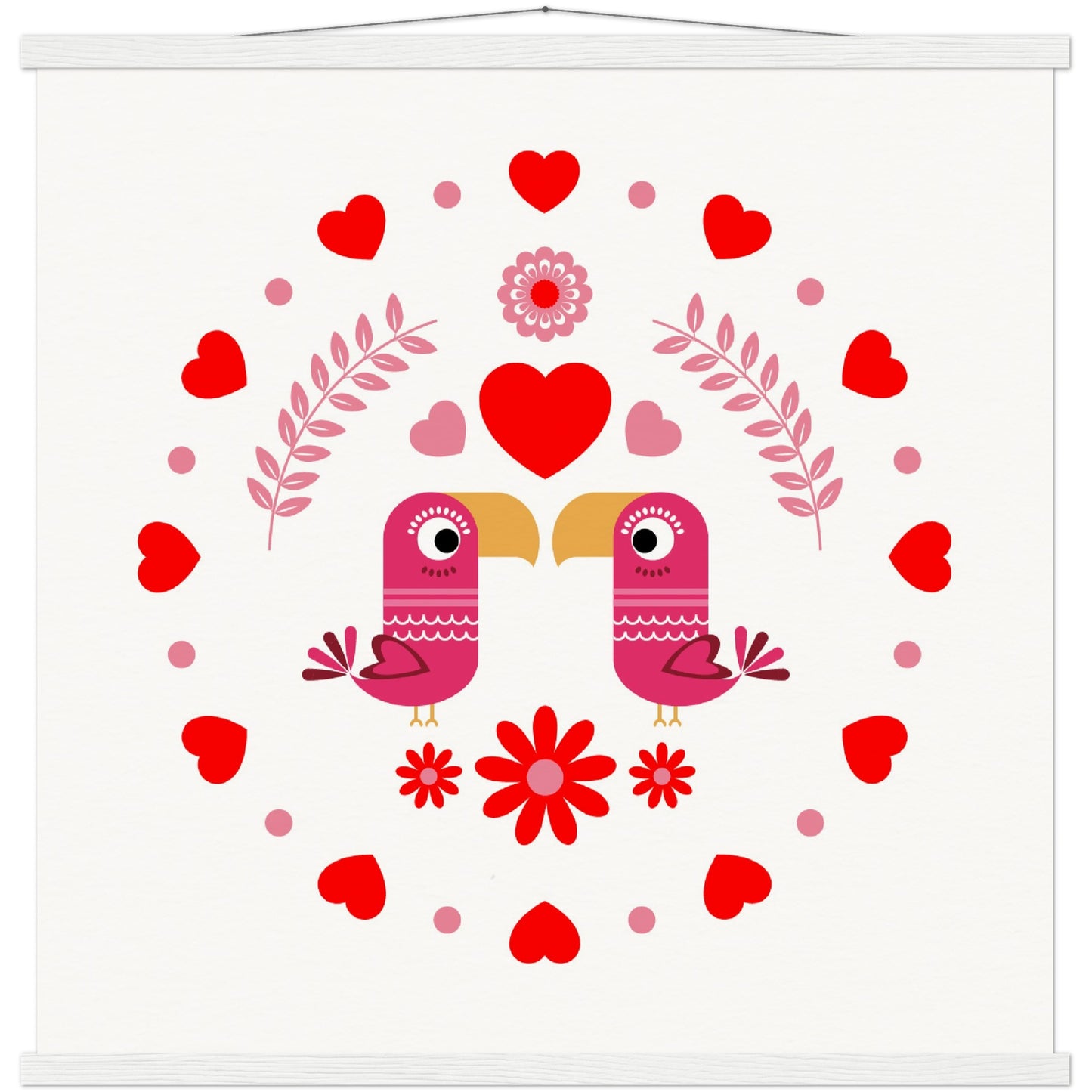 Museum-Quality Matte Paper Poster & Hanger - Birds Mirrored with Floral-Botanical and Circling Hearts - Valentine