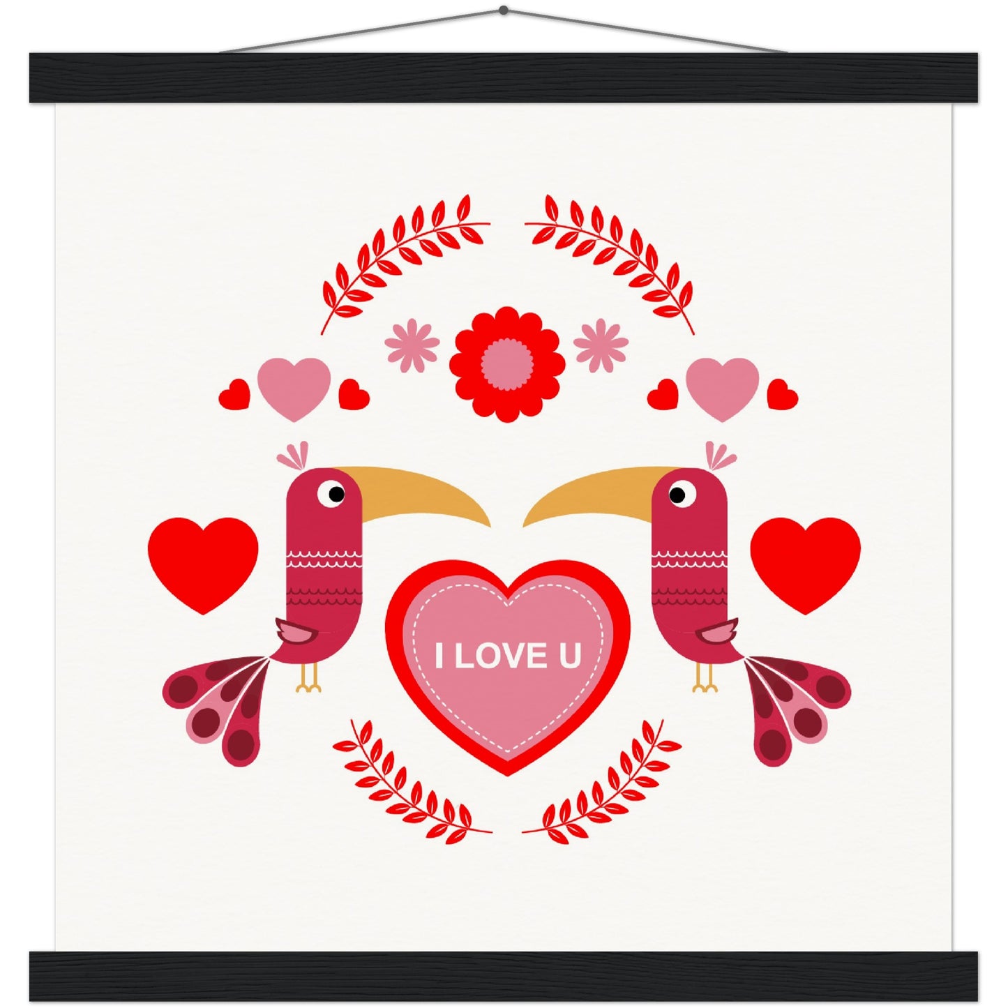 Museum-Quality Matte Paper Poster & Hanger - Birds Morrored with Floral-Botanical and Hearts - Valentine