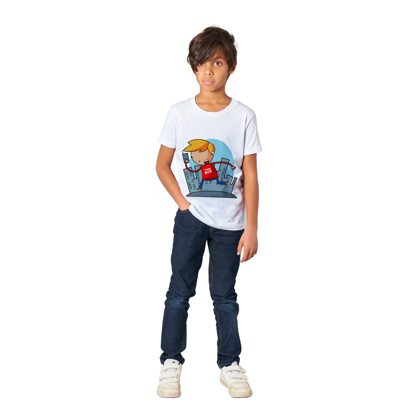 Premium Kids Crewneck T-shirt - Cartoon Of A Kid On A Phone With City Skylines