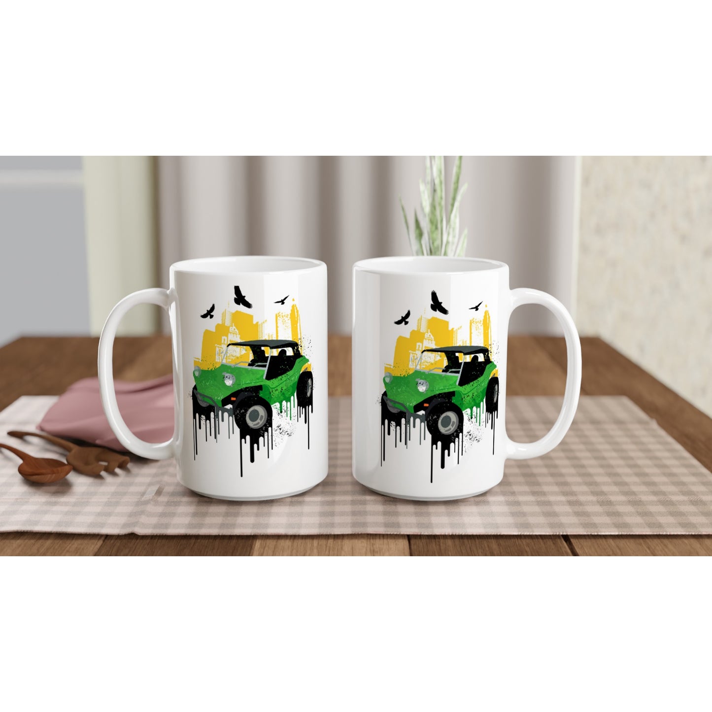 White 15oz Ceramic Mug - Dune Buggy with City Background and Birds. Graphic Paint.