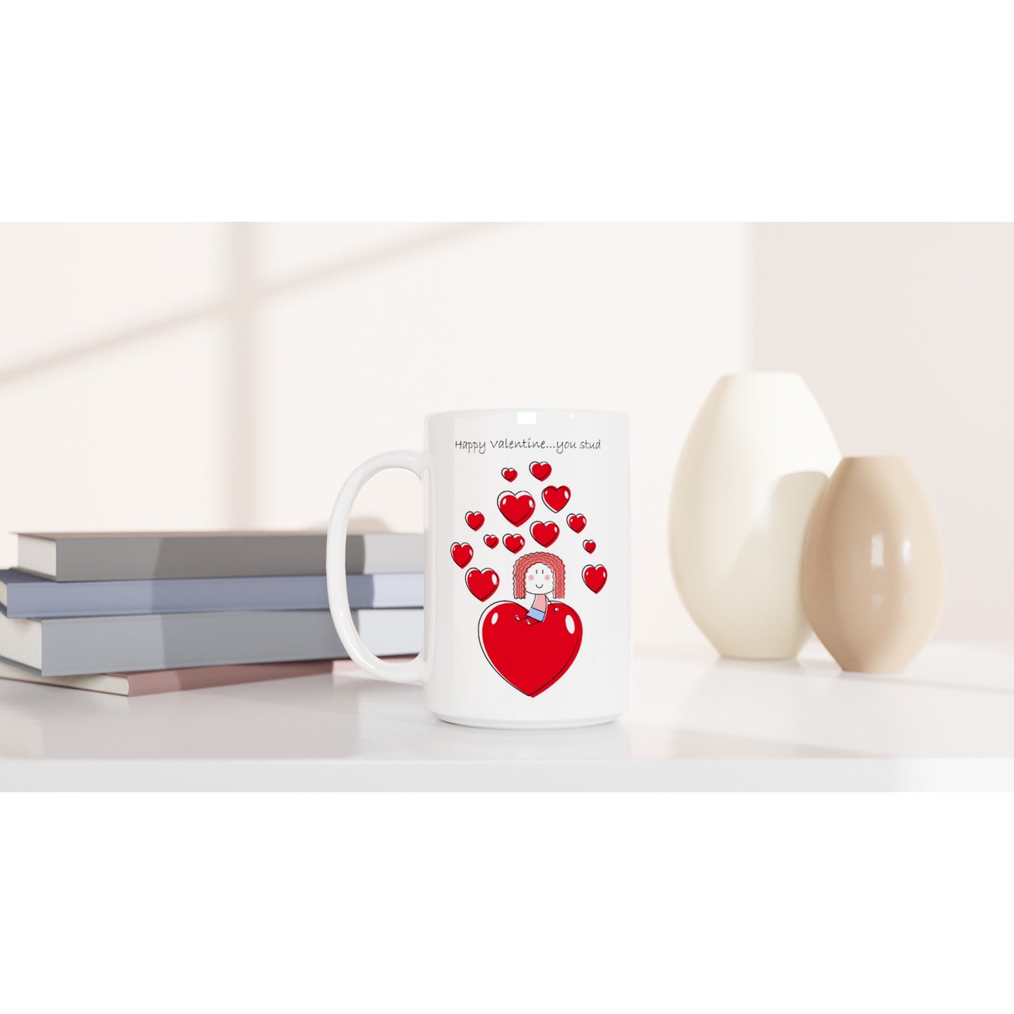 White 15oz Ceramic Mug - Girl sitting on Heart - Valentine