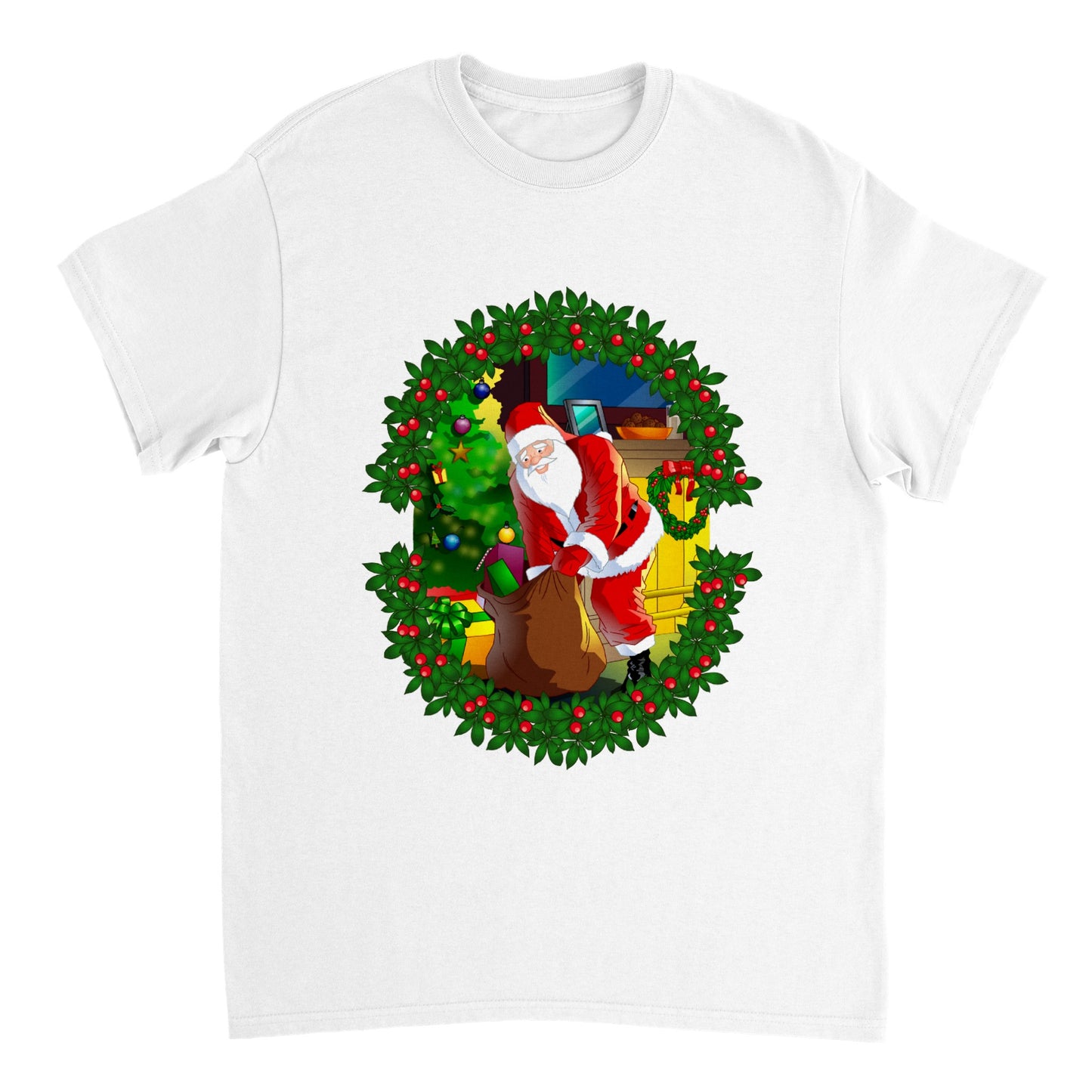 Womens Heavyweight Unisex Crewneck T-shirt Santa-fireplace-Reath