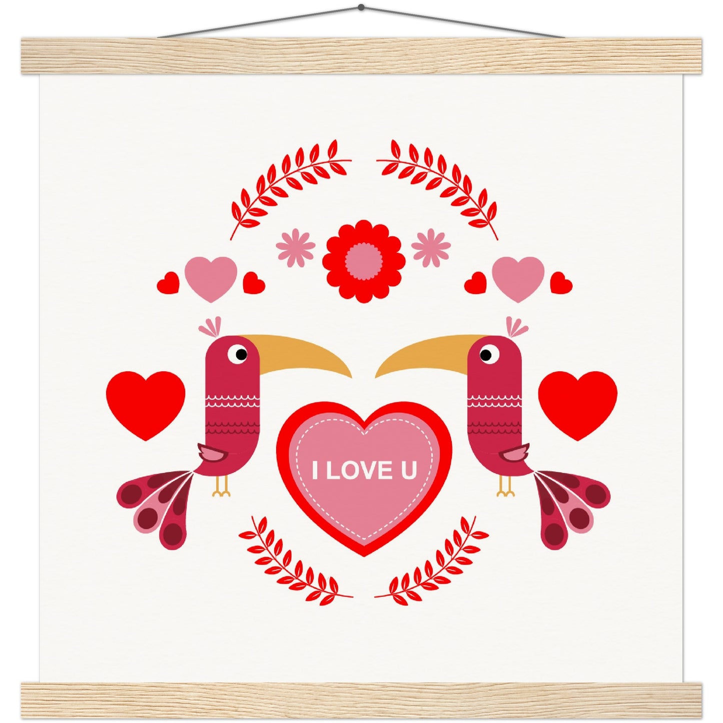 Museum-Quality Matte Paper Poster & Hanger - Birds Morrored with Floral-Botanical and Hearts - Valentine