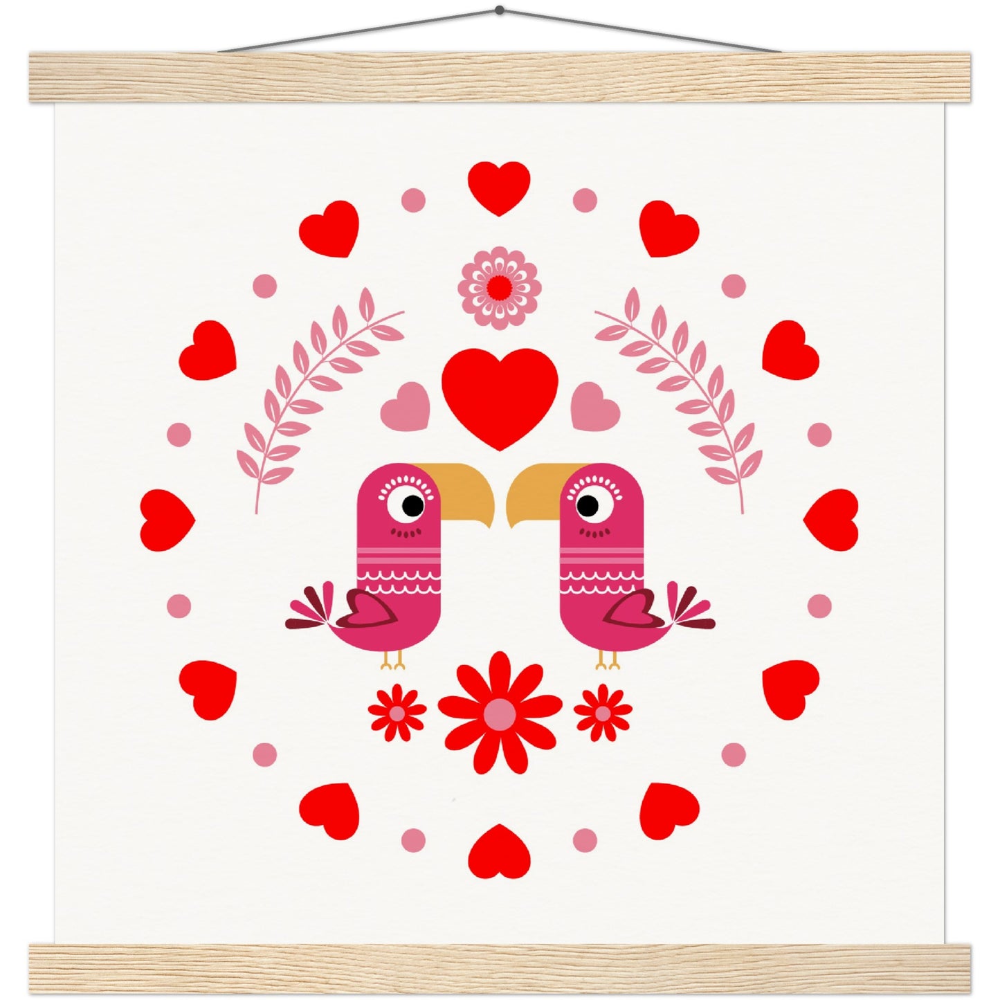 Museum-Quality Matte Paper Poster & Hanger - Birds Mirrored with Floral-Botanical and Circling Hearts - Valentine