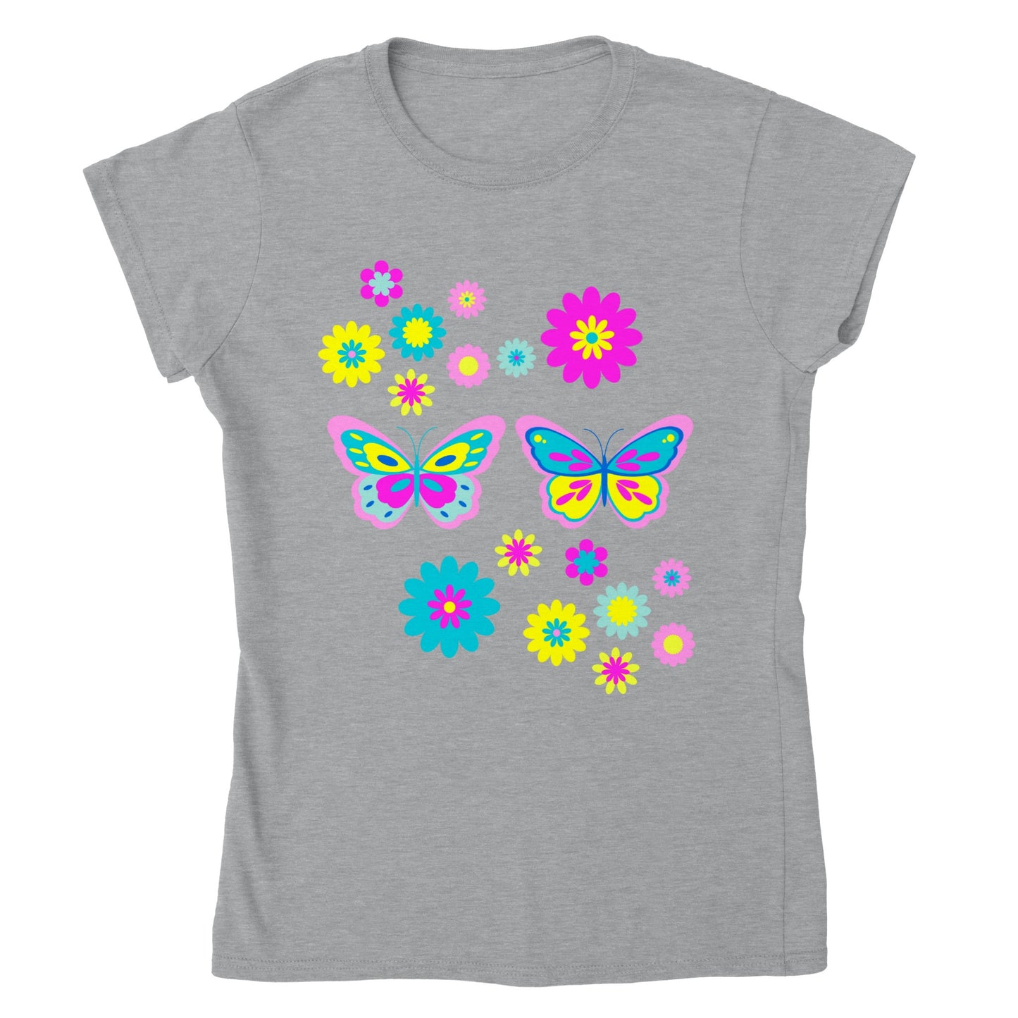 Classic Womens Crewneck T-shirt - Beautiful Graphic Floral and Butterflies in vibrant colours