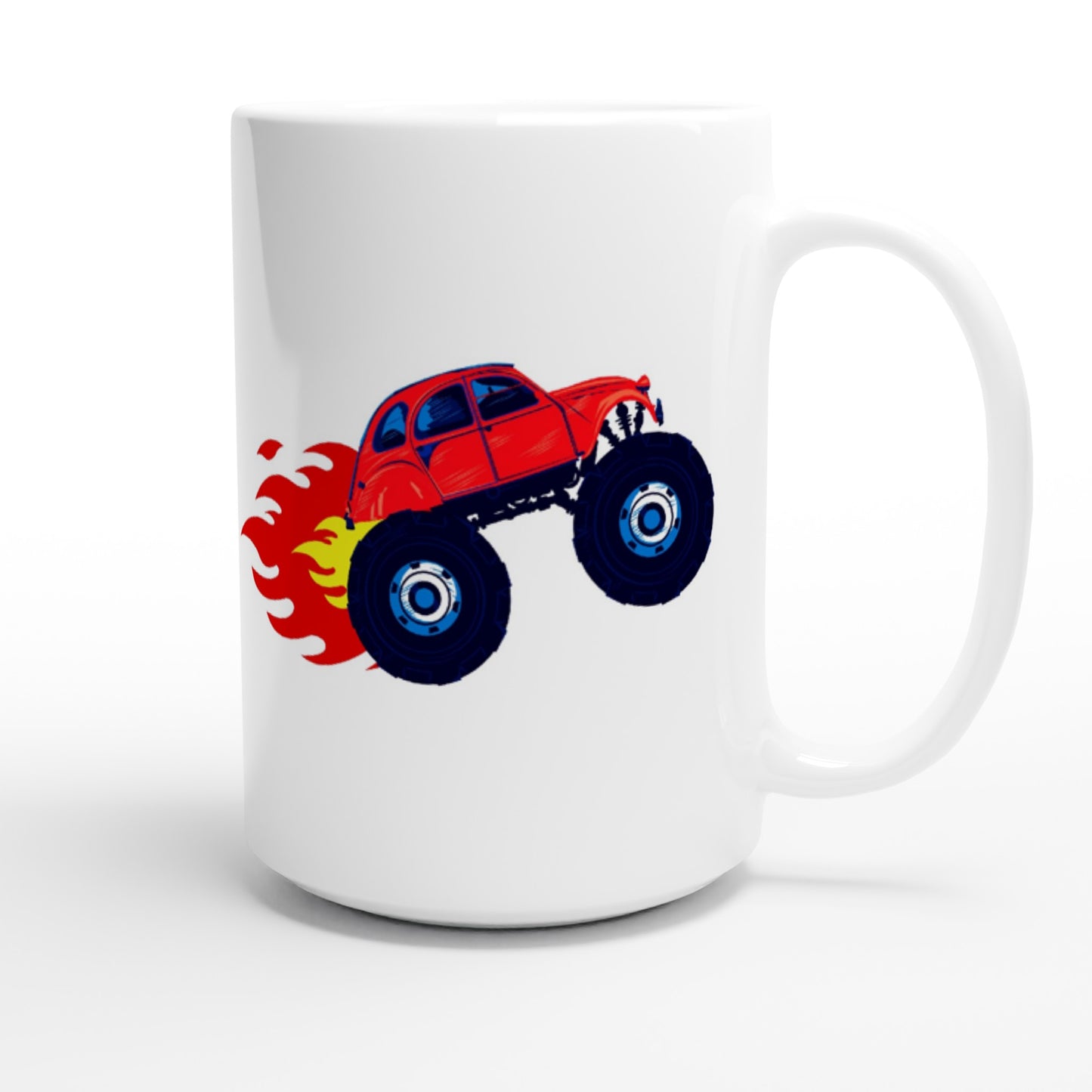 White 15oz Ceramic Mug - Monster Truck -2CV with Fire Blaze