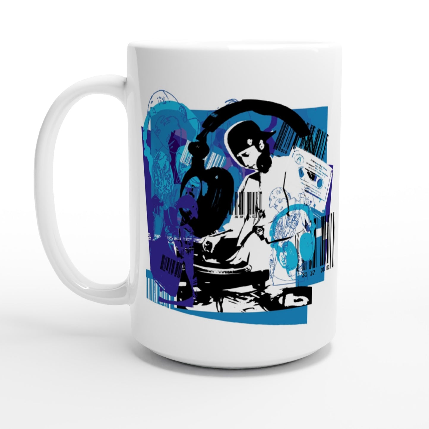 White 15oz Ceramic Mug - DJ Mixing On Deck - Graphic Stencil