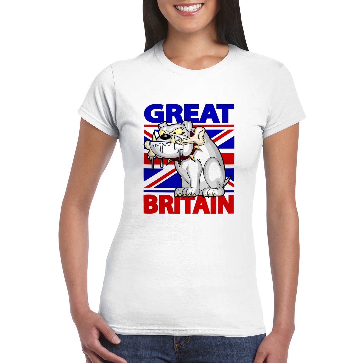 Classic Women's Crewneck T-shirt - Cartoon Bulldog with bone and Union Jack Flag