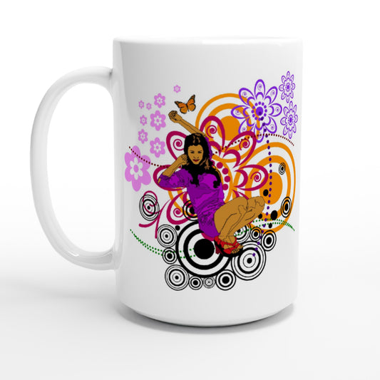 White 15oz Ceramic Mug - Girl in Purple - Top & Shorts - Graphic Floral