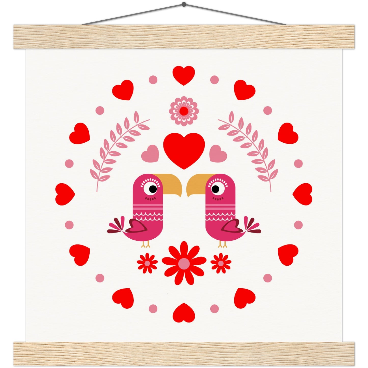 Museum-Quality Matte Paper Poster & Hanger - Birds Mirrored with Floral-Botanical and Circling Hearts - Valentine