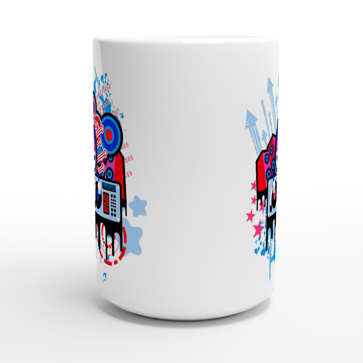 White 15oz Ceramic Mug - Graphic Cartoon of a DJ on two Decks....Blue, Red and Pink