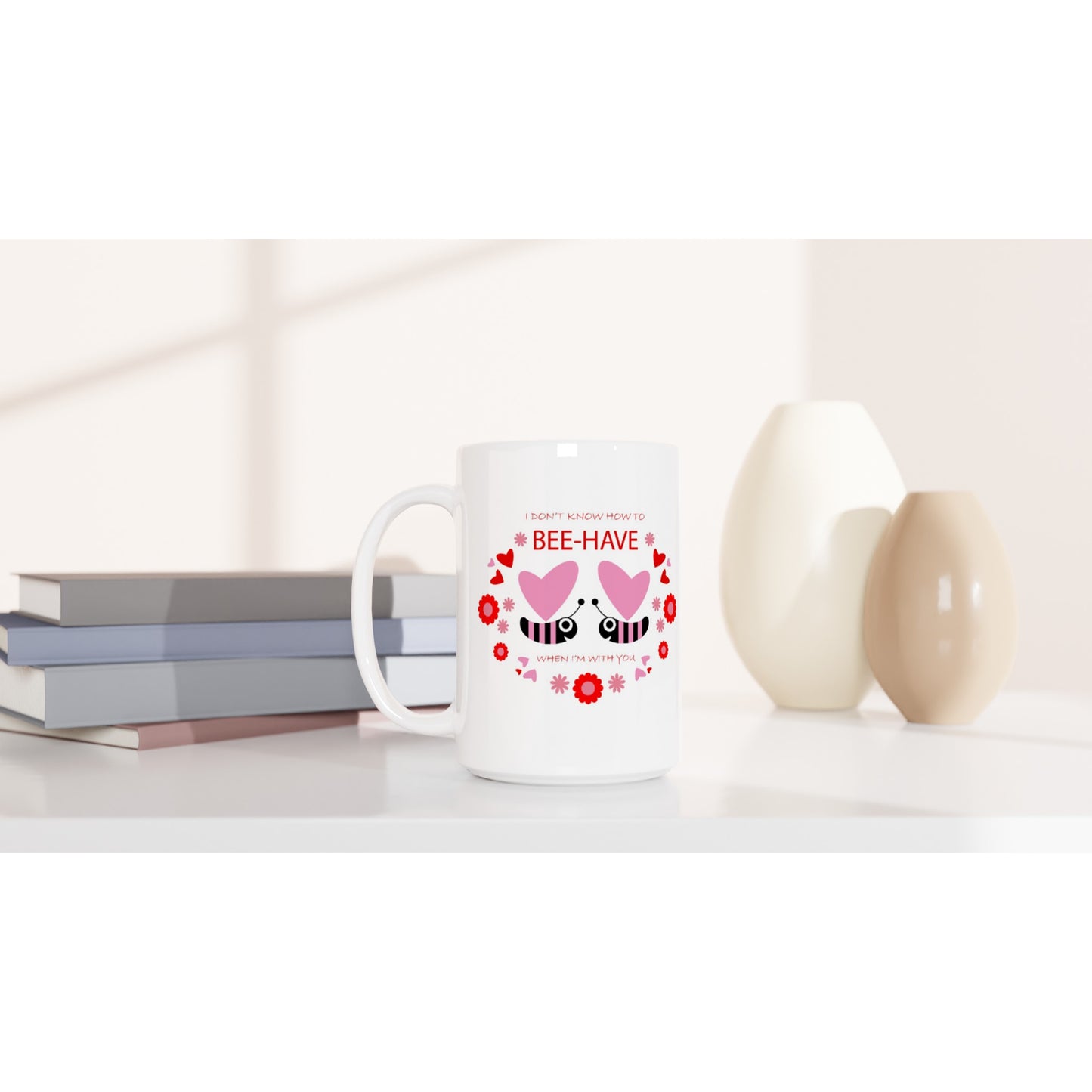 White 15oz Ceramic Mug - Bees mirrored with Floral and Hearts - Valentine