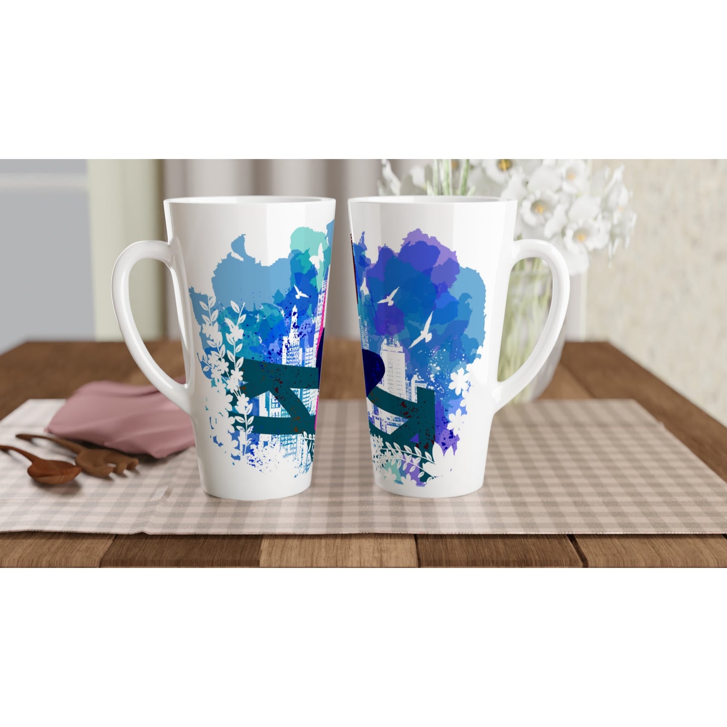 White Latte 17oz Ceramic Mug - Girl on a fence with  City Skylines - Graphic Wash