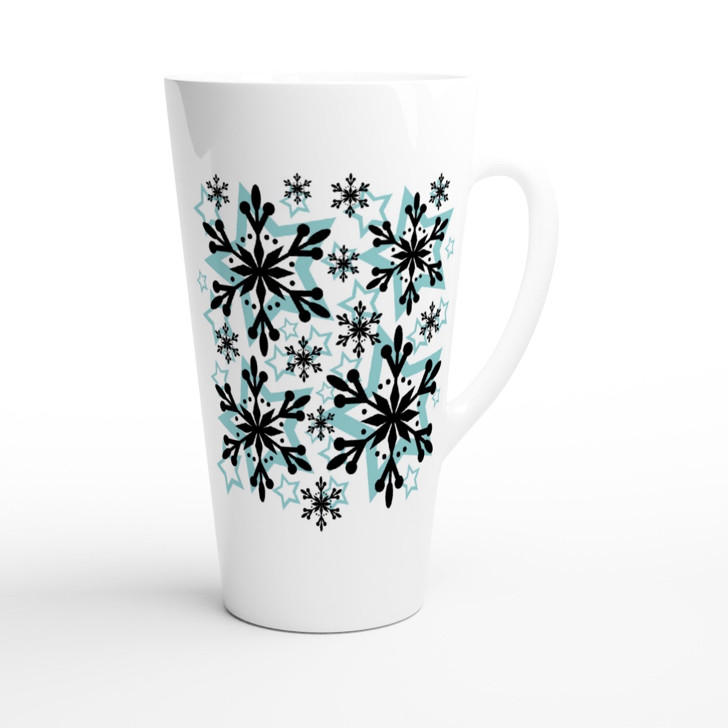 White Latte 17oz Ceramic Mug Snow Crystals and Blue Stars