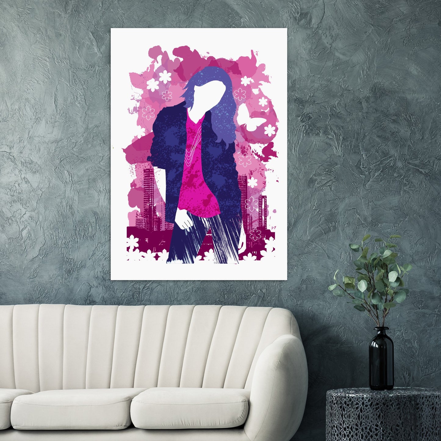 Premium Matte Paper Poster - Girl in Blue Jeans and Pink Shirt with City Skylines - Graphic Wash