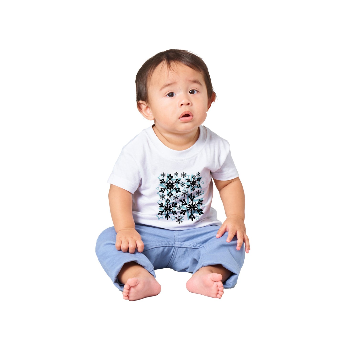 Classic Baby Crewneck T-shirt Snow Crystals and Blue Stars