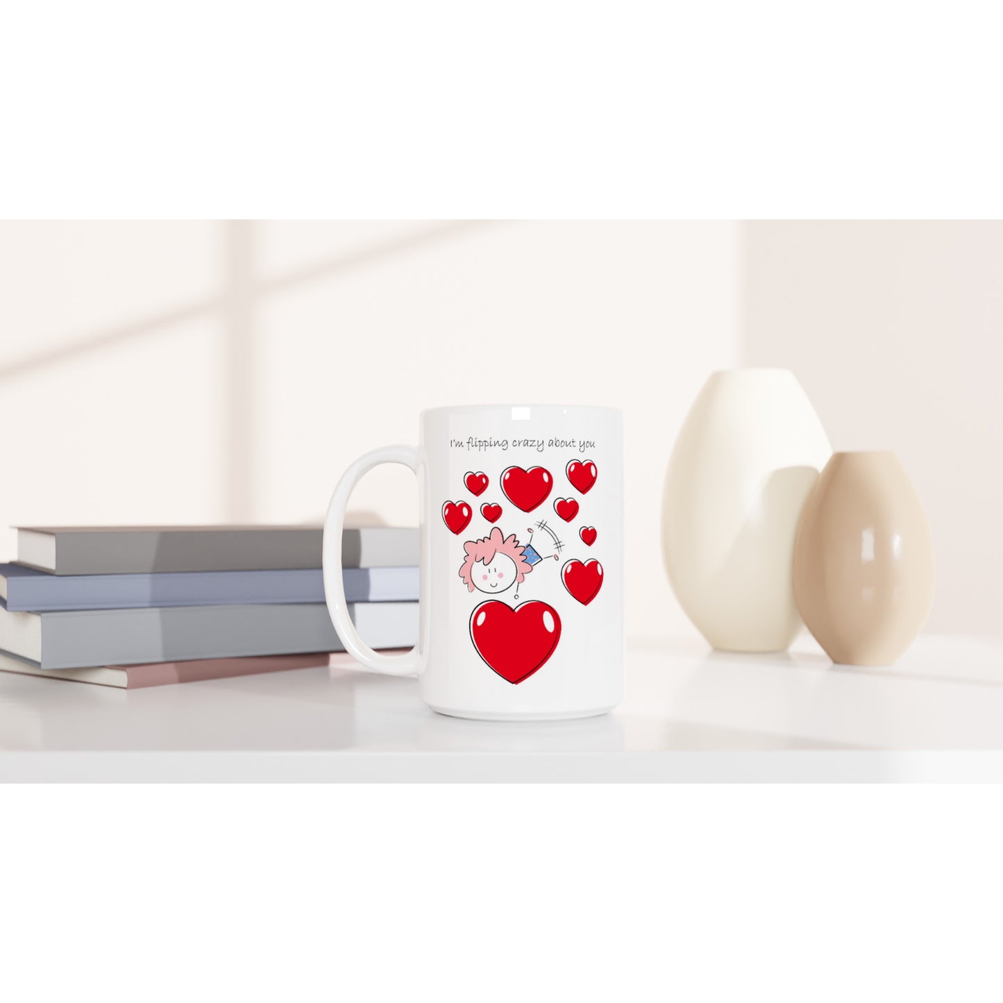 White 15oz Ceramic Mug - Girl doing a Flip Between Hearts - Valentine