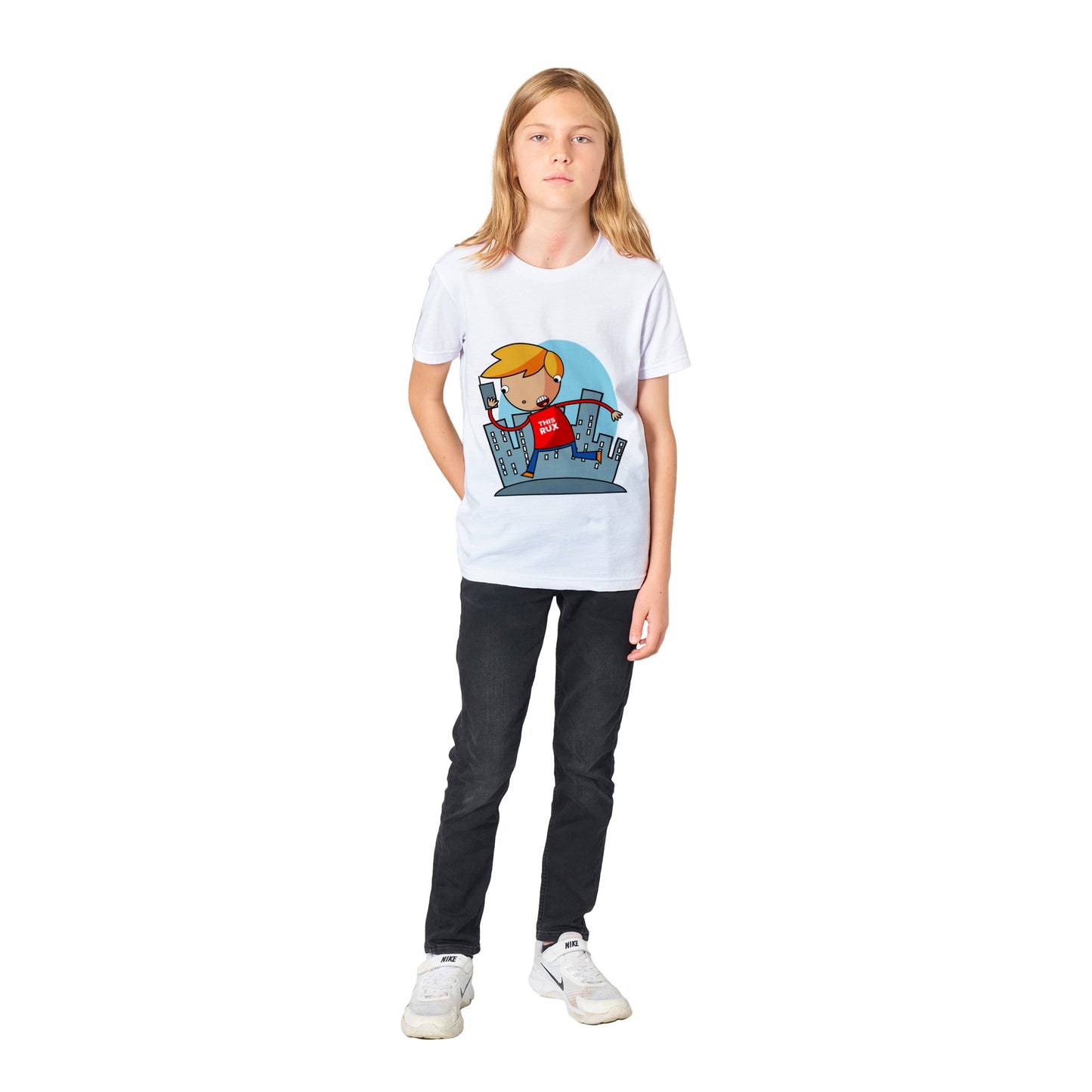 Premium Kids Crewneck T-shirt - Cartoon Of A Kid On A Phone With City Skylines