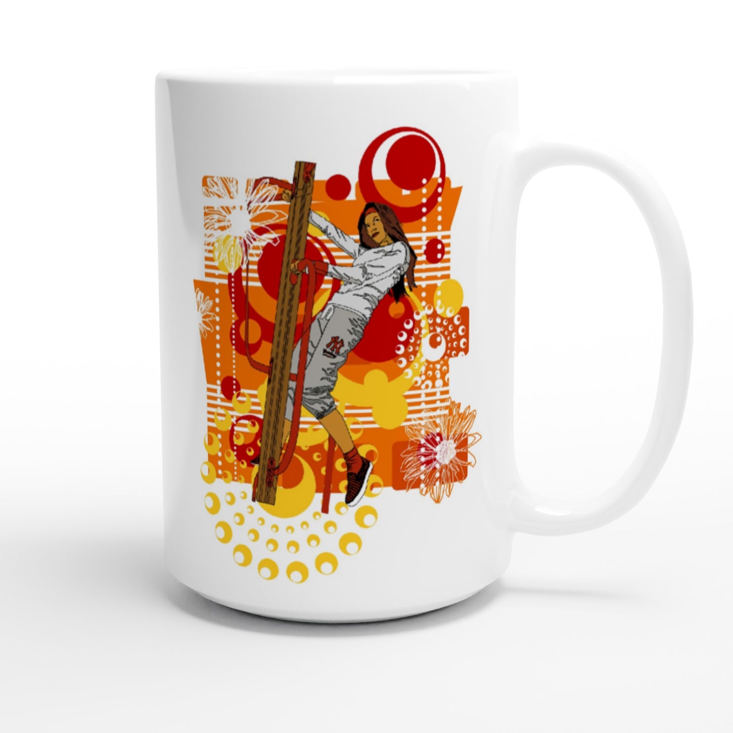 White 15oz Ceramic Mug - Girl on wooden stands steps-Abstract Graphics Background