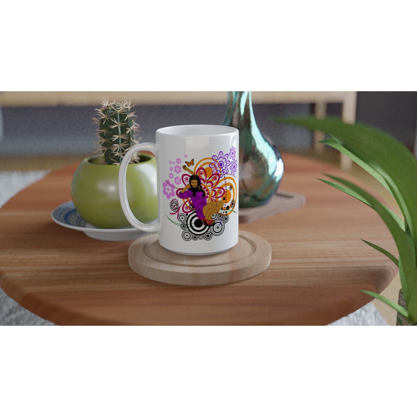 White 15oz Ceramic Mug - Girl in Purple - Top & Shorts - Graphic Floral