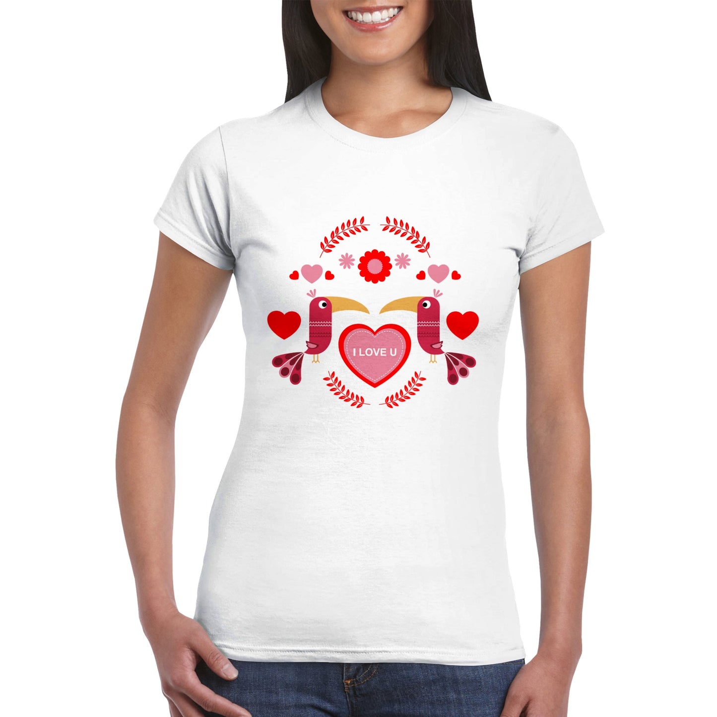 Classic Womens Crewneck T-shirt - Birds Mirrored with Floral-Botanical and Circling Hearts - Valentine