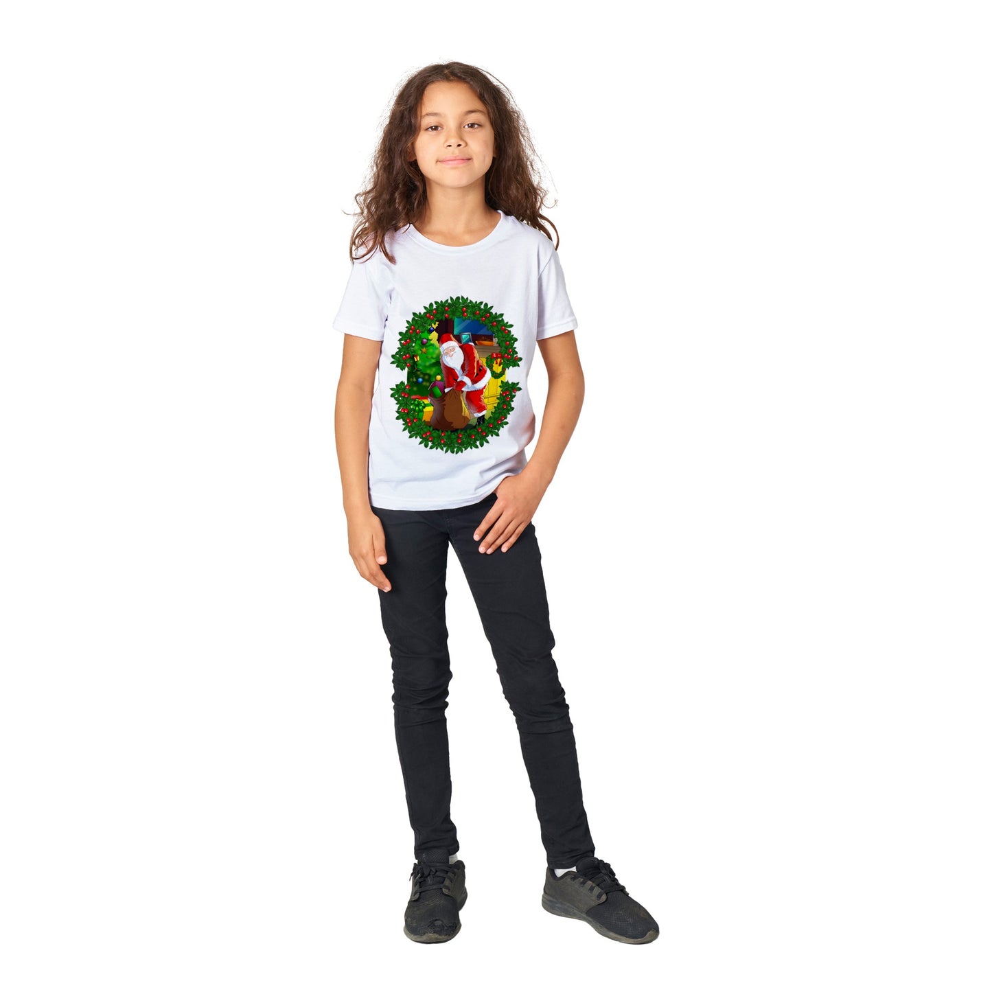 Premium Kids Crewneck T-shirt Santa-fireplace-reath