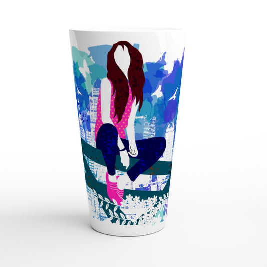 White Latte 17oz Ceramic Mug - Girl on a fence with  City Skylines - Graphic Wash