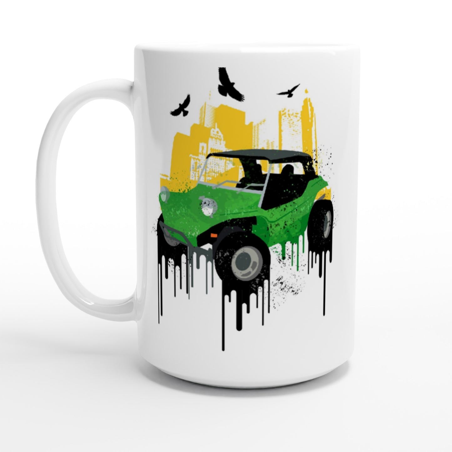 White 15oz Ceramic Mug - Dune Buggy with City Background and Birds. Graphic Paint.