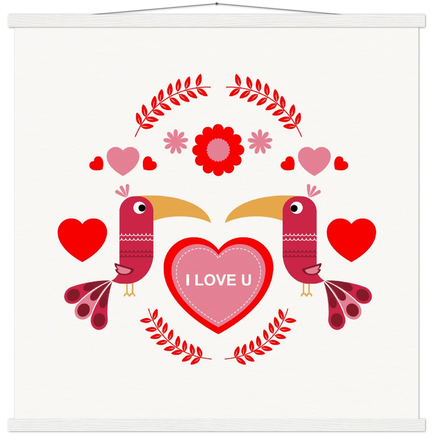 Museum-Quality Matte Paper Poster & Hanger - Birds Morrored with Floral-Botanical and Hearts - Valentine