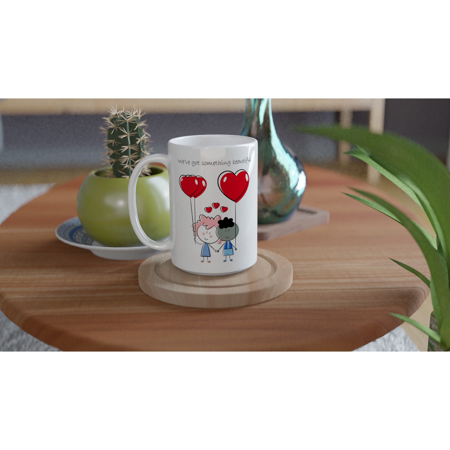 White 15oz Ceramic Mug - Couple Holding Heart Shaped Balloons - Valentine