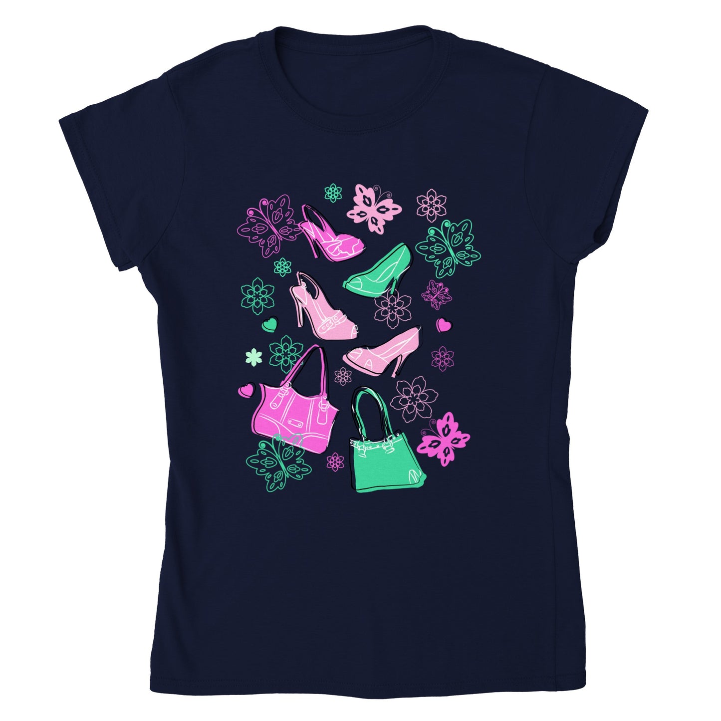 Classic Womens Crewneck T-shirt - Graphic Art of Shoes, Bags, Butterflies and Floral-Pink and Mint Colours