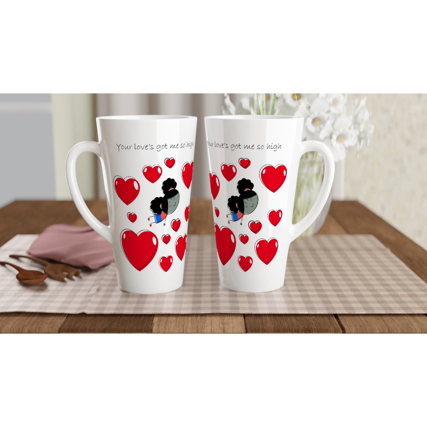 White Latte 17oz Ceramic Mug - White 15oz Ceramic Mug - Girl Flying Between Hearts - Valentine