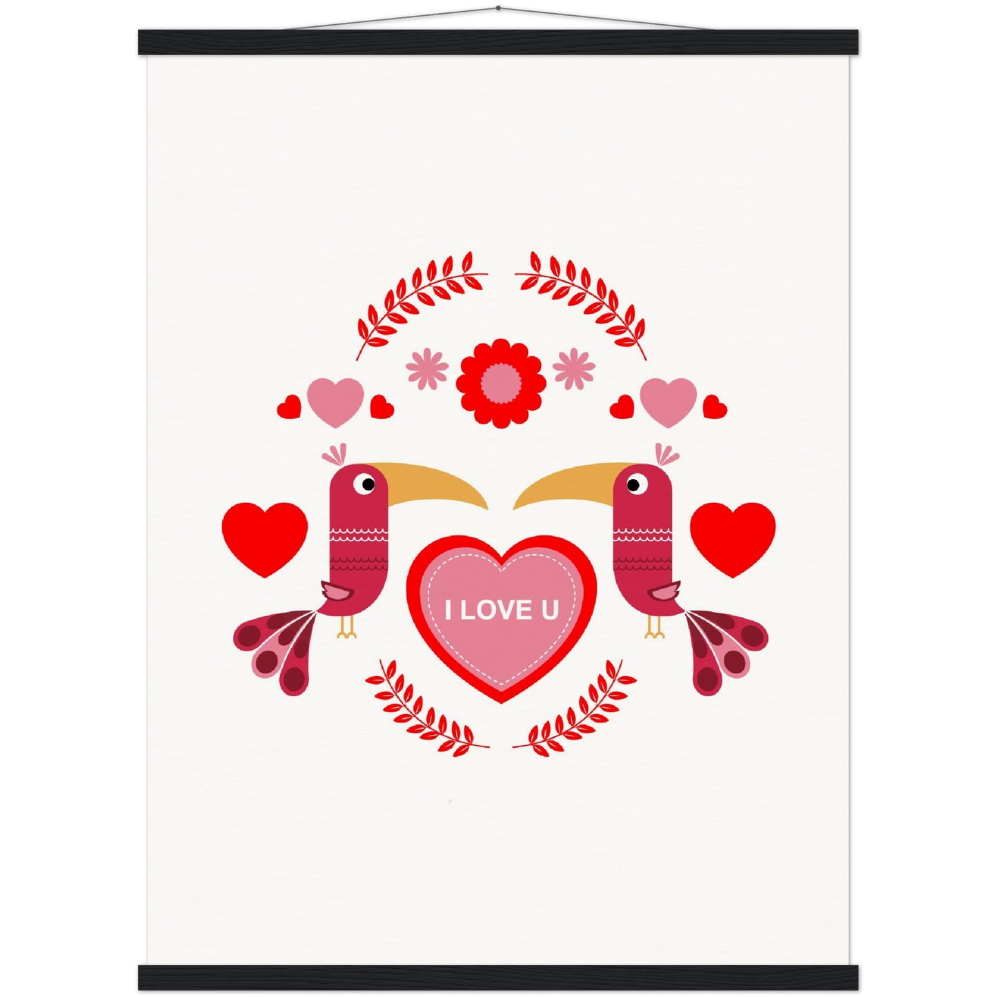 Museum-Quality Matte Paper Poster & Hanger - Birds Morrored with Floral-Botanical and Hearts - Valentine