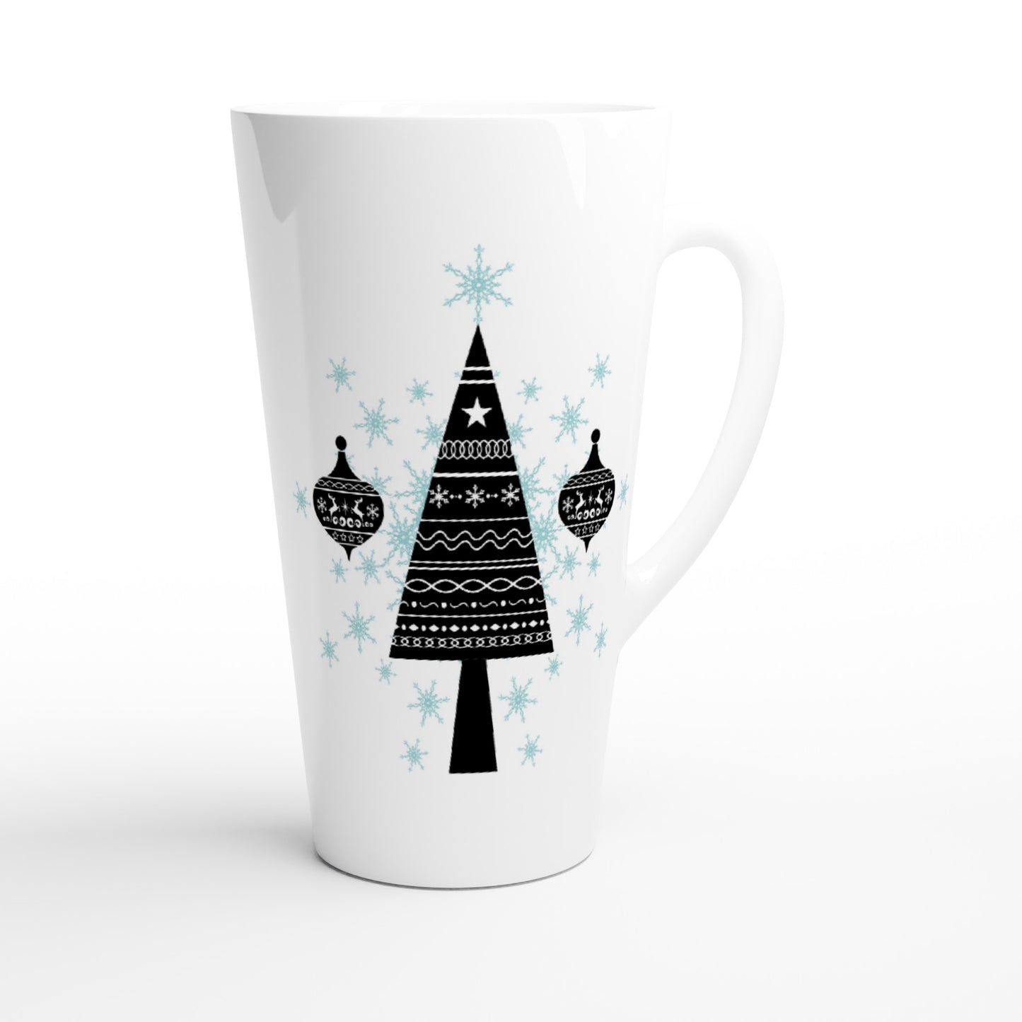 White Latte 17oz Ceramic Mug  Decorative Christmas Tree-Baubles-Snow Crystals