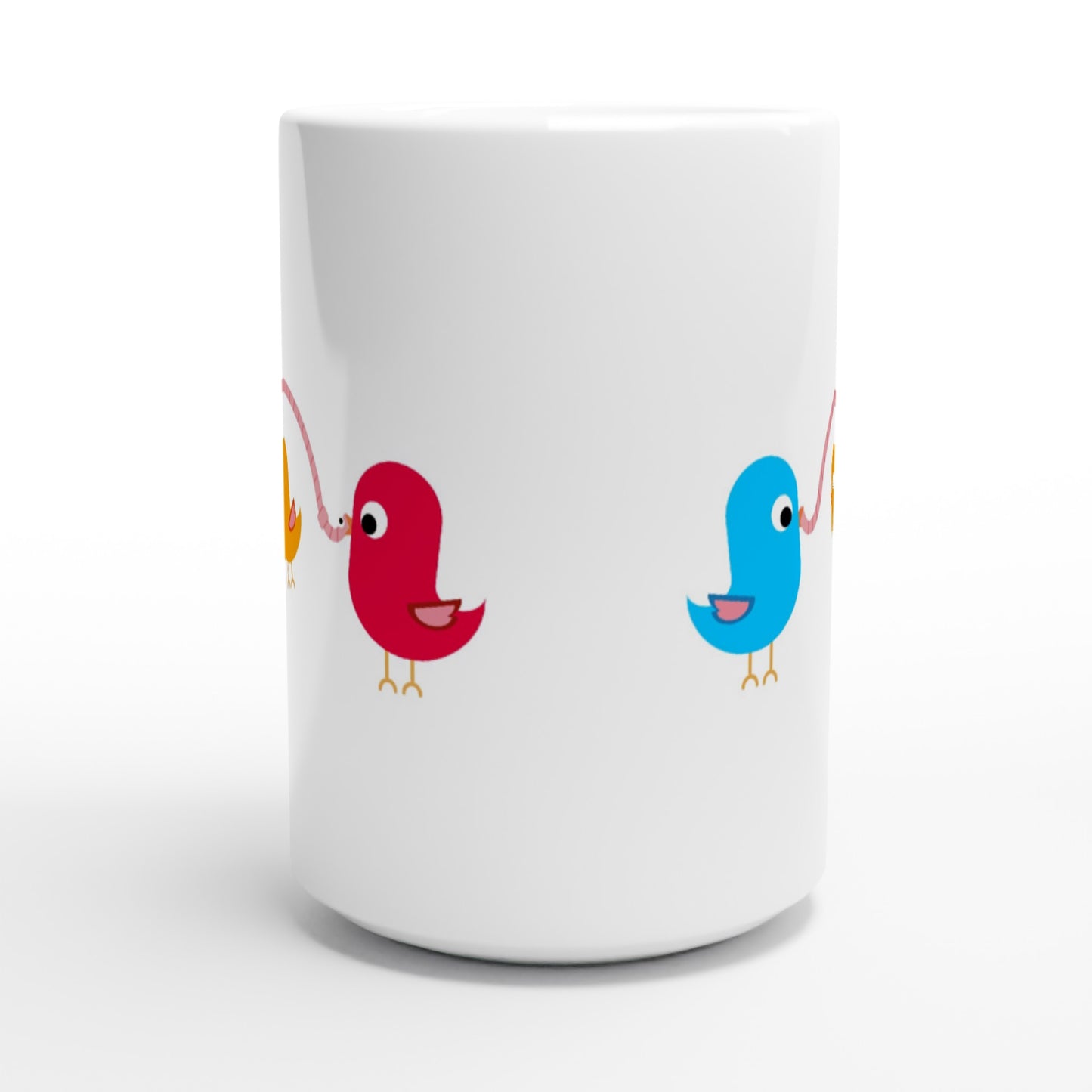 White 15oz Ceramic Mug - Birds Playing With Food