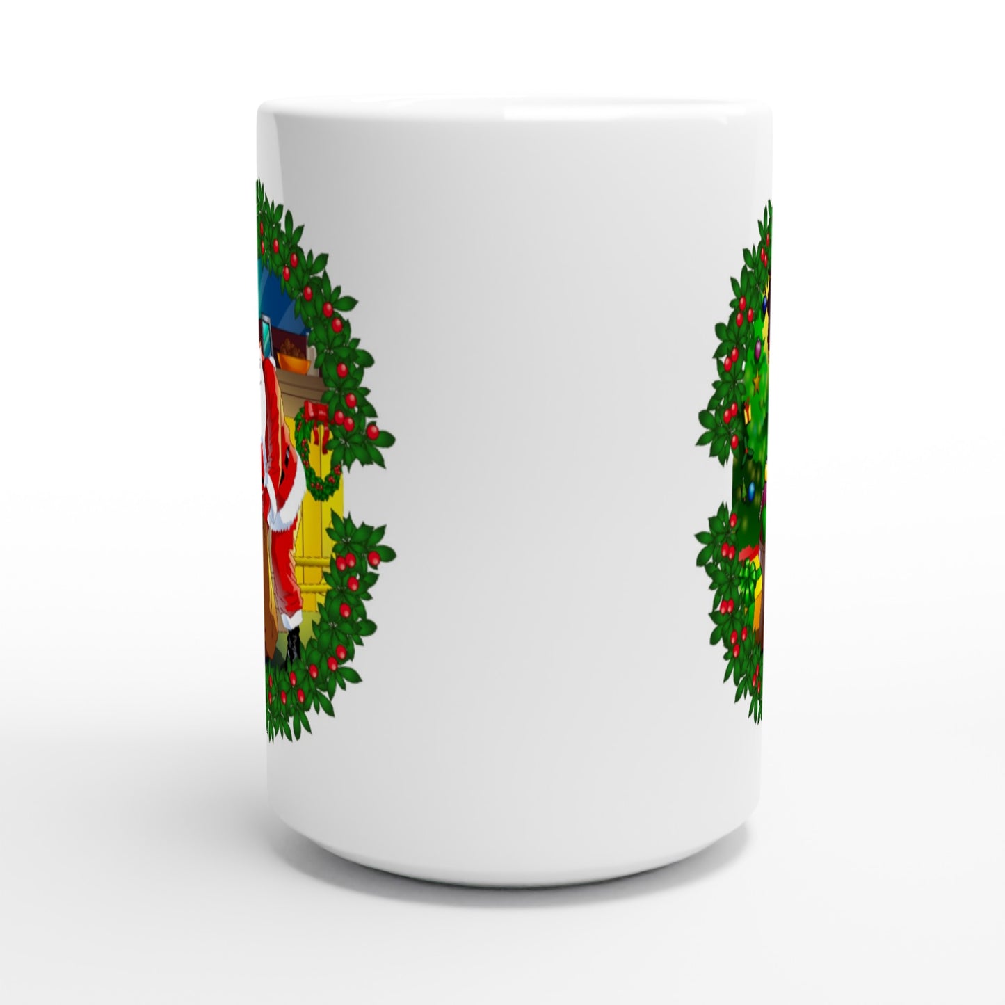 White 15oz Ceramic Mug Santa-fireplace-Reath