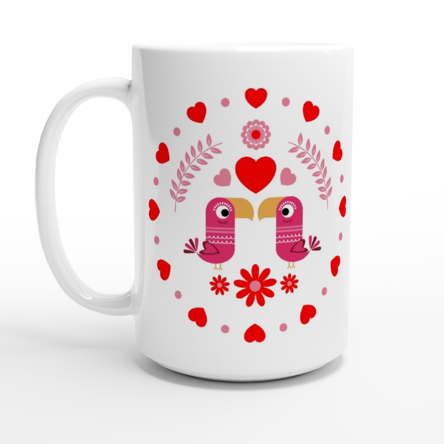 White 15oz Ceramic Mug - Birds Mirrored with Floral-Botanical and Circling Hearts - Valentine