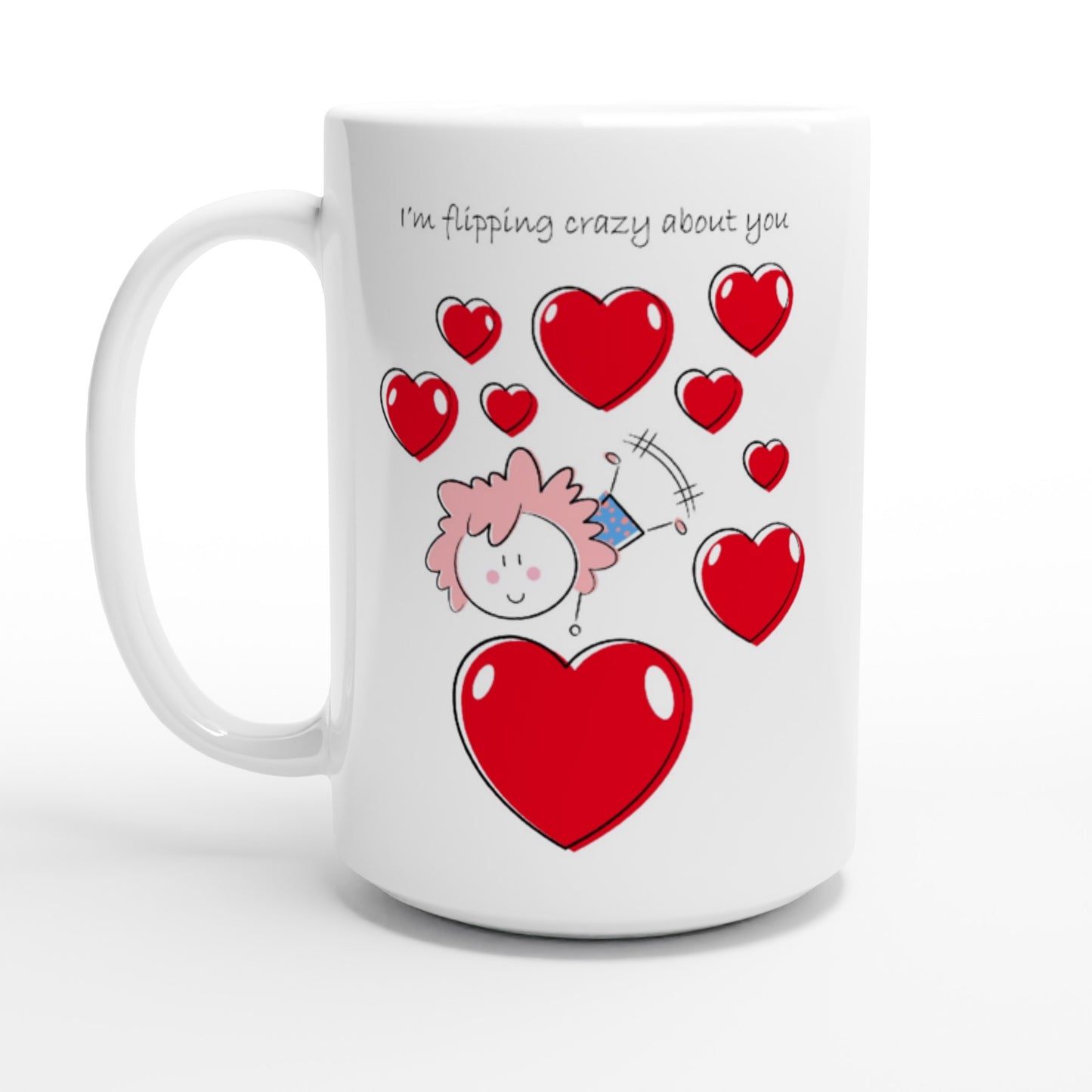 White 15oz Ceramic Mug - Girl doing a Flip Between Hearts - Valentine