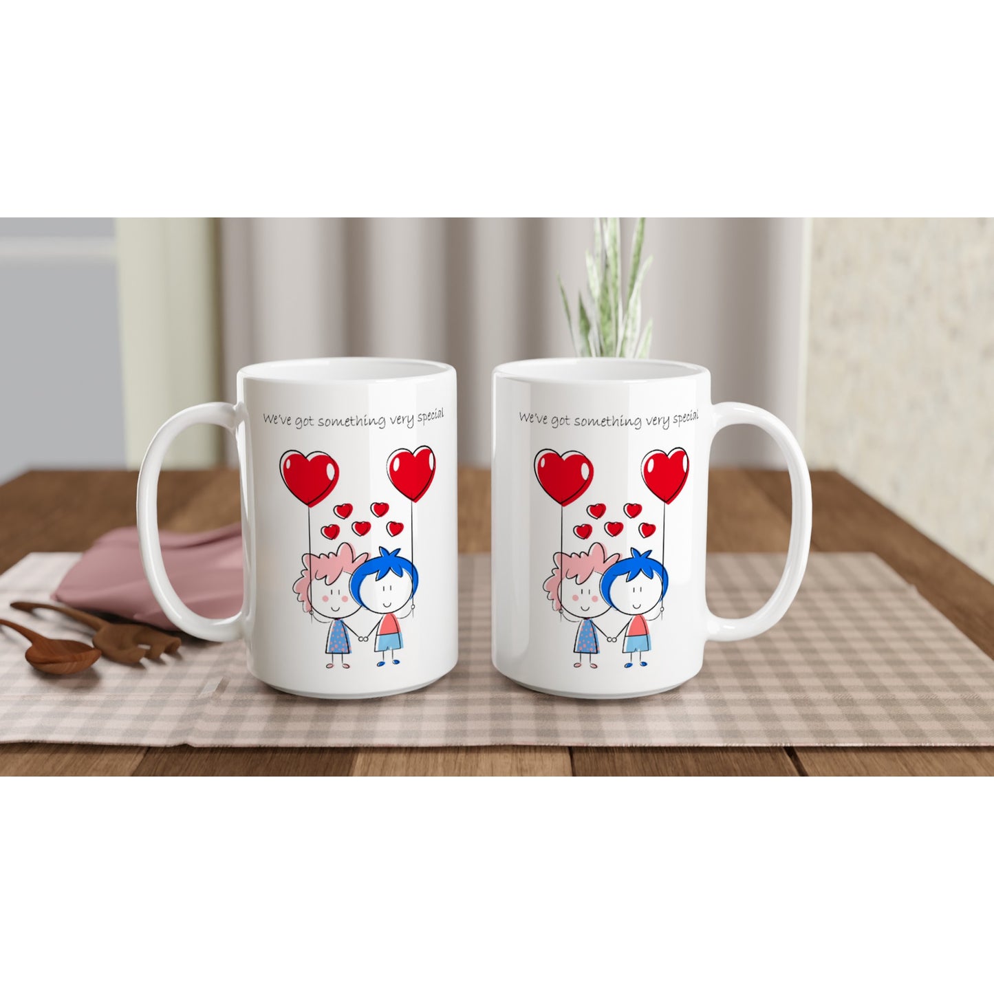 White 15oz Ceramic Mug - Couple Holding Heart Shaped Balloons - Valentine