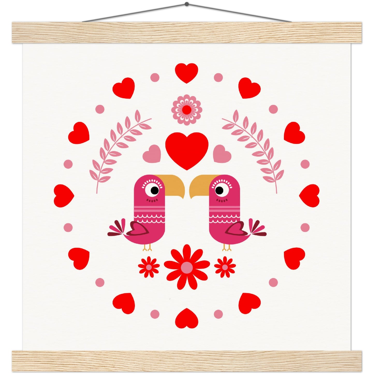 Museum-Quality Matte Paper Poster & Hanger - Birds Mirrored with Floral-Botanical and Circling Hearts - Valentine