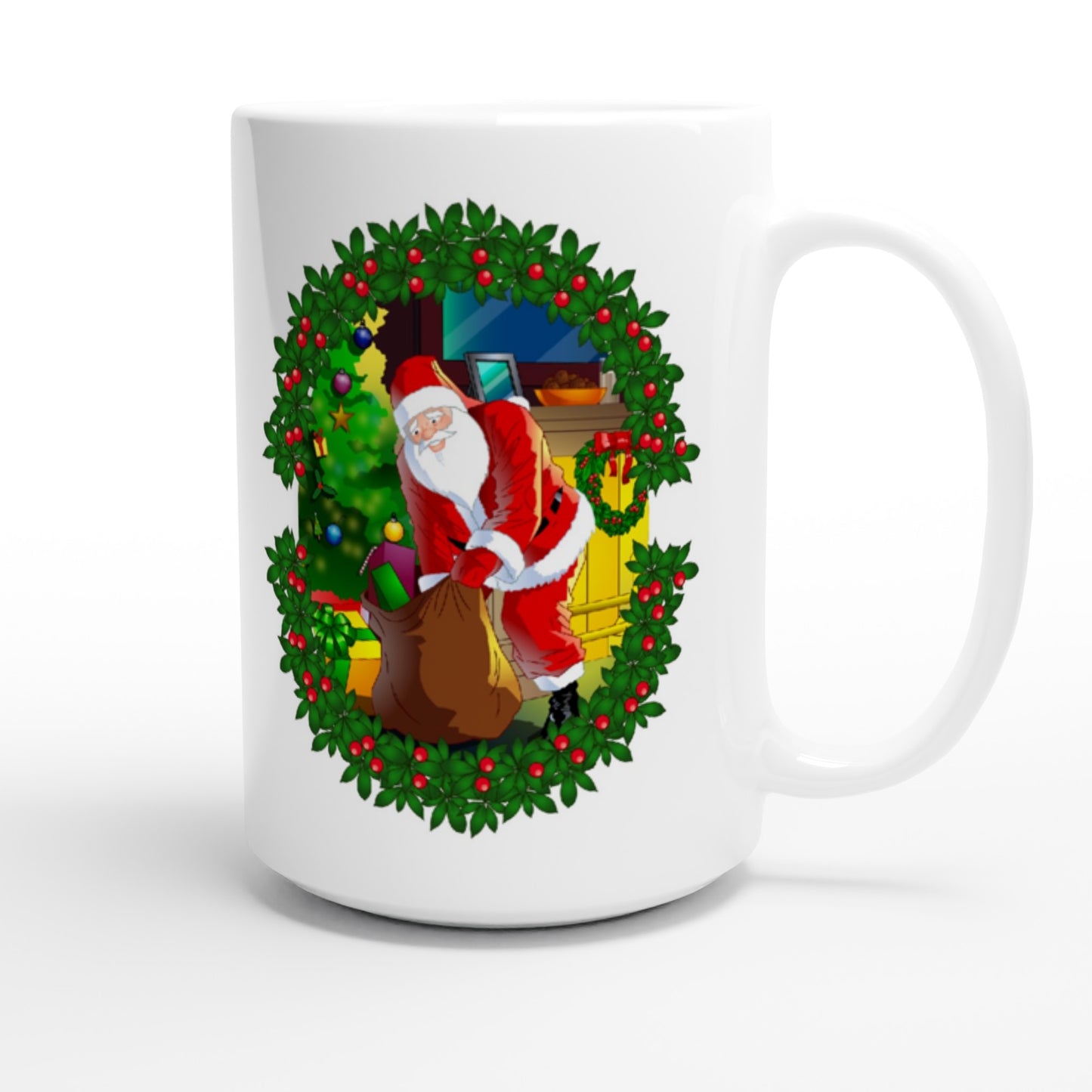 White 15oz Ceramic Mug Santa-fireplace-Reath