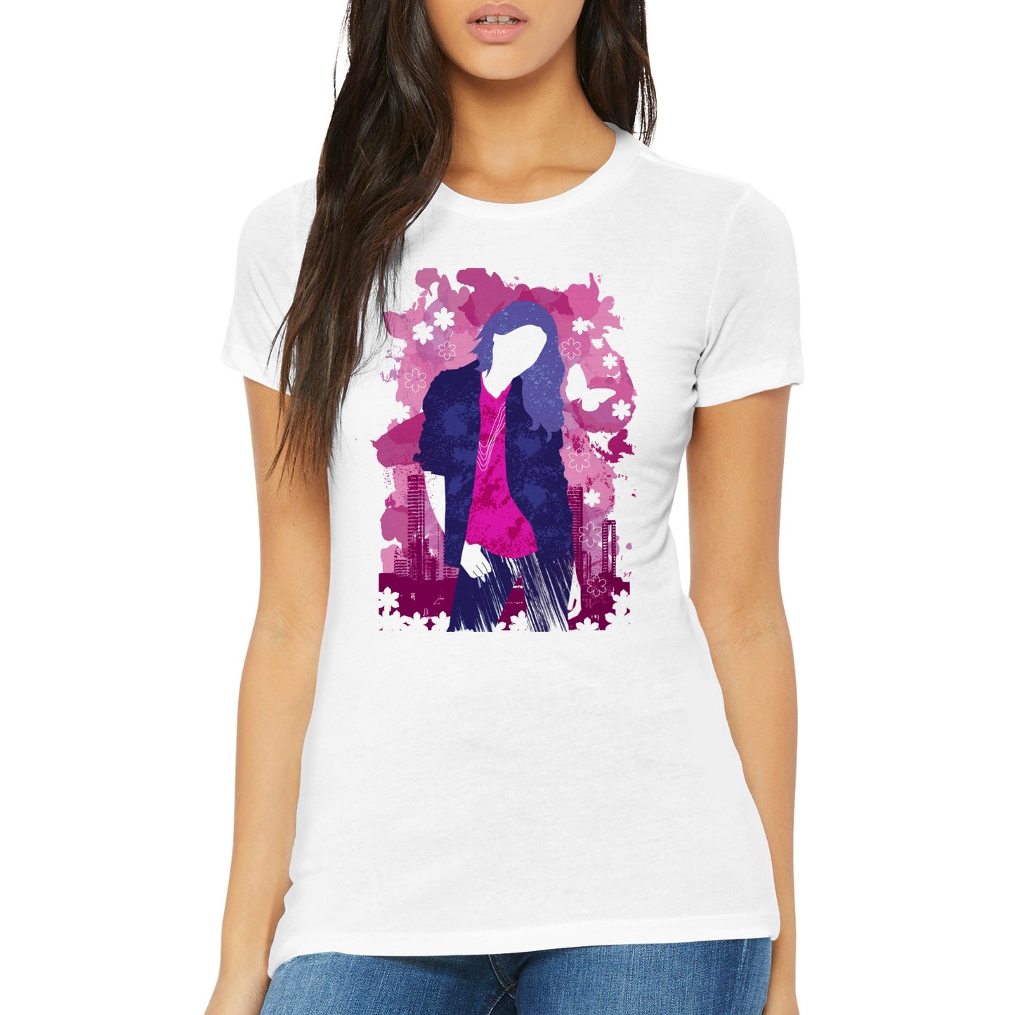 Premium Women's Crewneck T-shirt - Girl in Blue Jeans and Pink Shirt with City Skylines - Graphic Wash