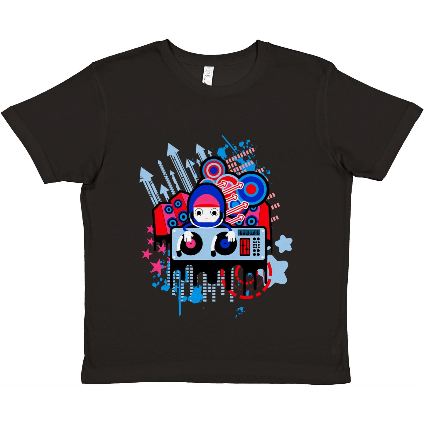 Premium Kids Crewneck T-shirt - Graphic Cartoon of a DJ on two Decks....Blue, Red and Pink