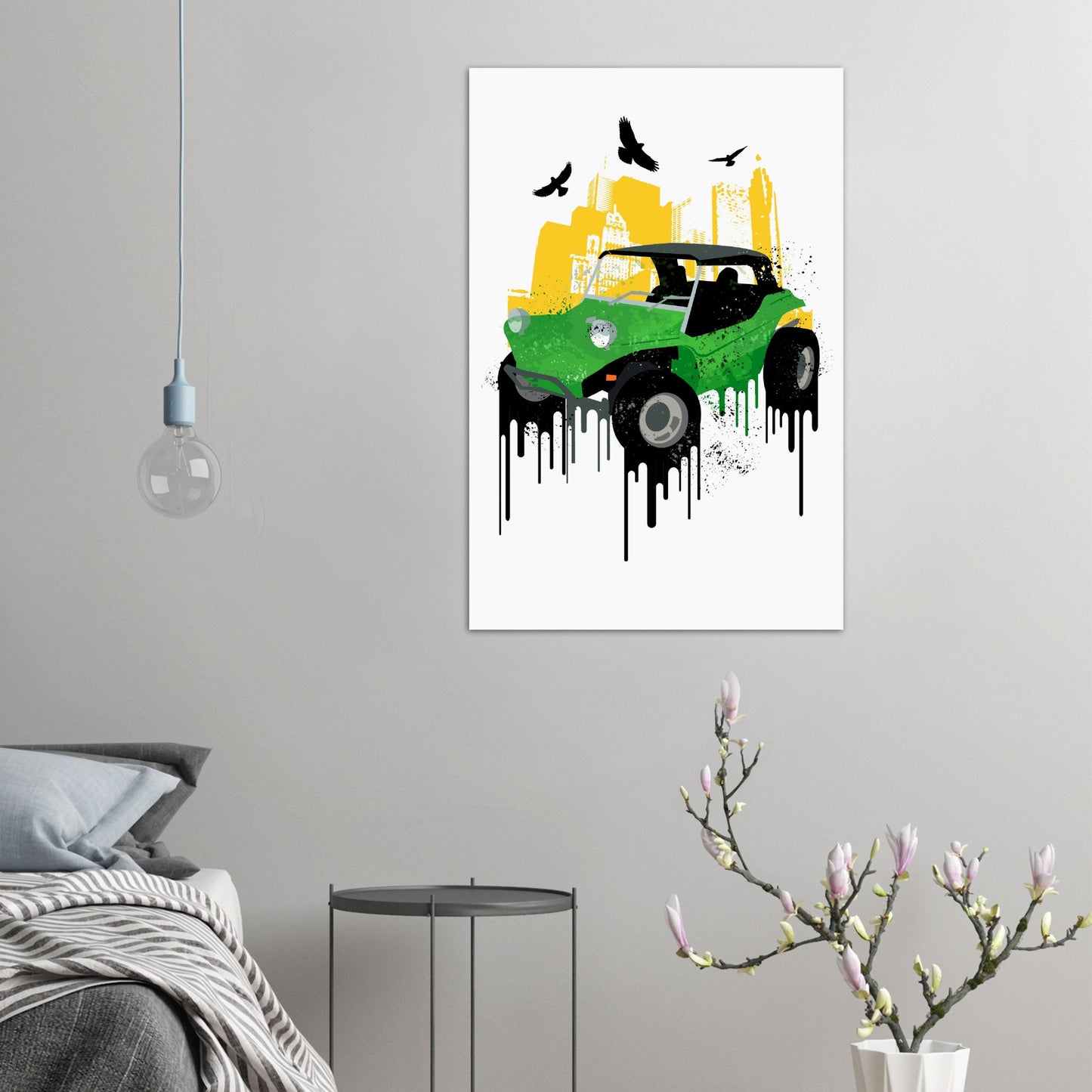 Premium Matte Paper Poster - Dune Buggy with City Background and Birds. Graphic Paint